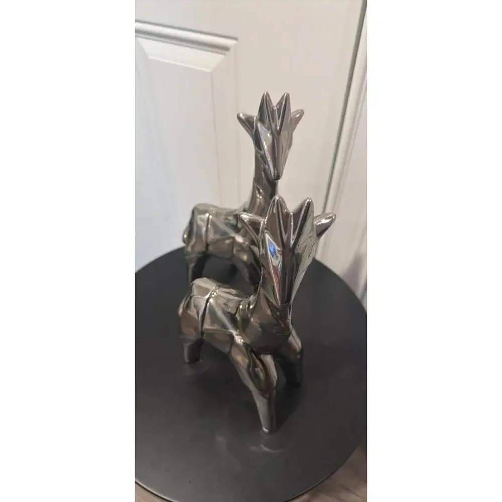 Pair of Modern Silver Geometric Giraffe Figurines 12”